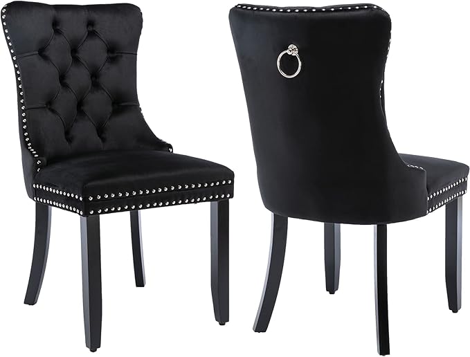 Modern Dining Chairs Set of 2, Tufted Upholstered Dining Chairs with Solid Wood Legs, Black Linen Fabric Kitchen Chair, Sillas de Comedor, Comfy Kitchen Chair (Black, Linen, 2Pcs)