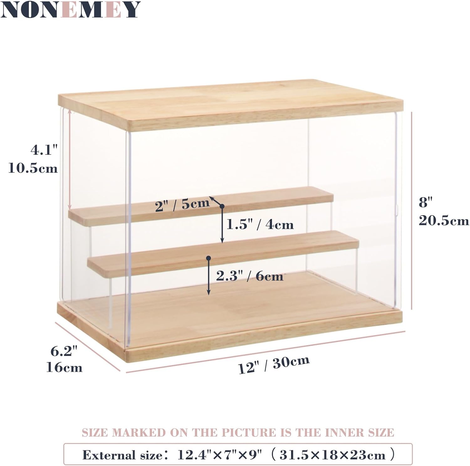 NONEMEY Clear Acrylic Display Case Stand with Led Light 2/3/4/5/6 Tier Storage Box Showcase Dustproof Organizer Box for Collectibles (3Tier 12.4*7*9inch)
