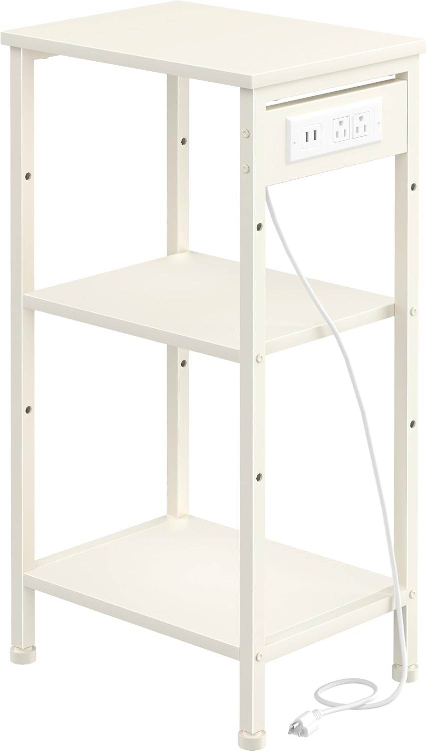 Asgolion Tall End Table with Charging Station, Narrow Tall Side Table | 3 Tier Narrow Tall Nightstand with Storage, Slim Tall Bedside Table for Bedroom, Living Room, Office, Cream White