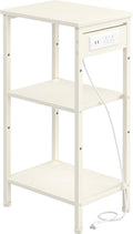 Asgolion Tall End Table with Charging Station, Narrow Tall Side Table | 3 Tier Narrow Tall Nightstand with Storage, Slim Tall Bedside Table for Bedroom, Living Room, Office, Cream White