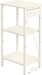 Asgolion Tall End Table with Charging Station, Narrow Tall Side Table | 3 Tier Narrow Tall Nightstand with Storage, Slim Tall Bedside Table for Bedroom, Living Room, Office, Cream White