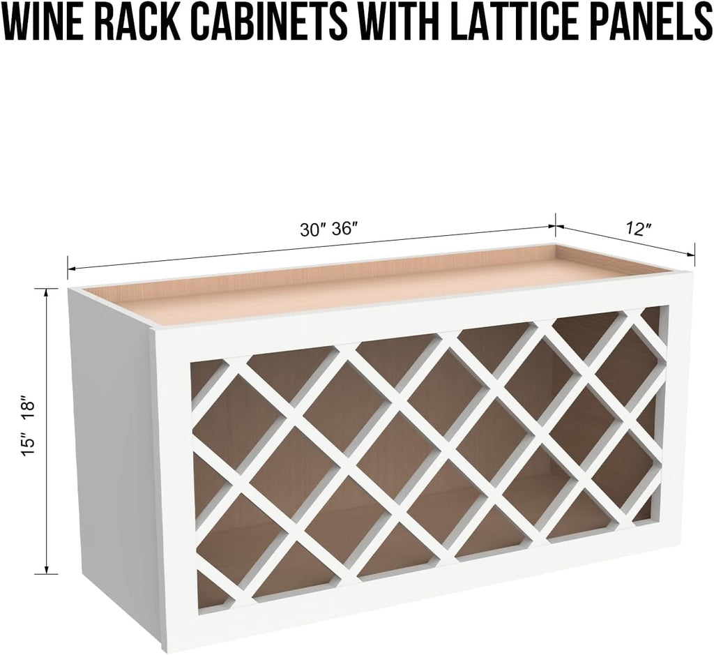 Solid Wood RTA Wall Cabinet Wine Bottle Rack with Lattice Panels - Wine Storage for Bar, Pantry, Cellar & Countertop - Mocha (Origami White, 36'W 12'D 15'H)