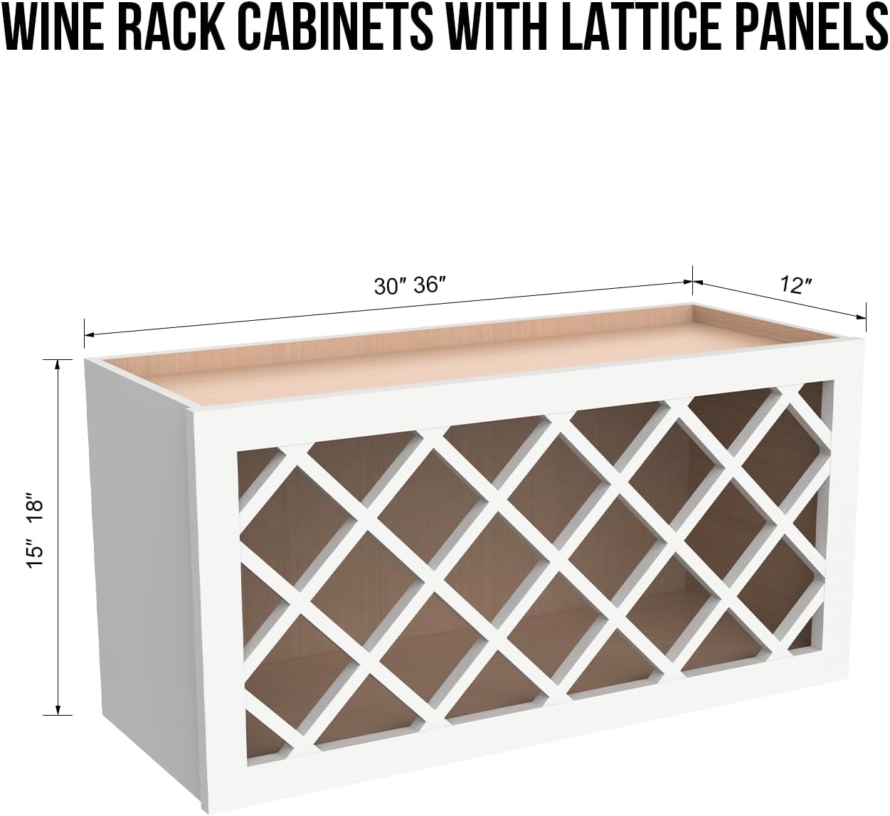 Solid Wood RTA Wall Cabinet Wine Bottle Rack with Lattice Panels - Wine Storage for Bar, Pantry, Cellar & Countertop - Mocha (Origami White, 36'W 12'D 15'H)