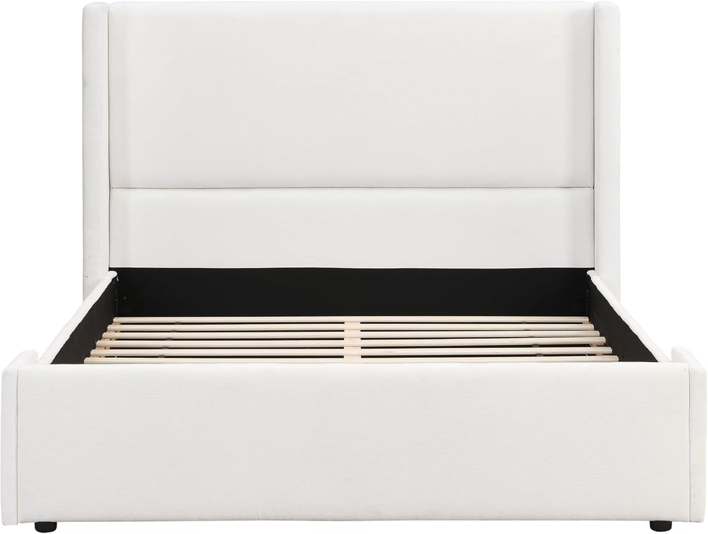 Queen Upholstered Platform Bed with Tall Wingback Headboard, White