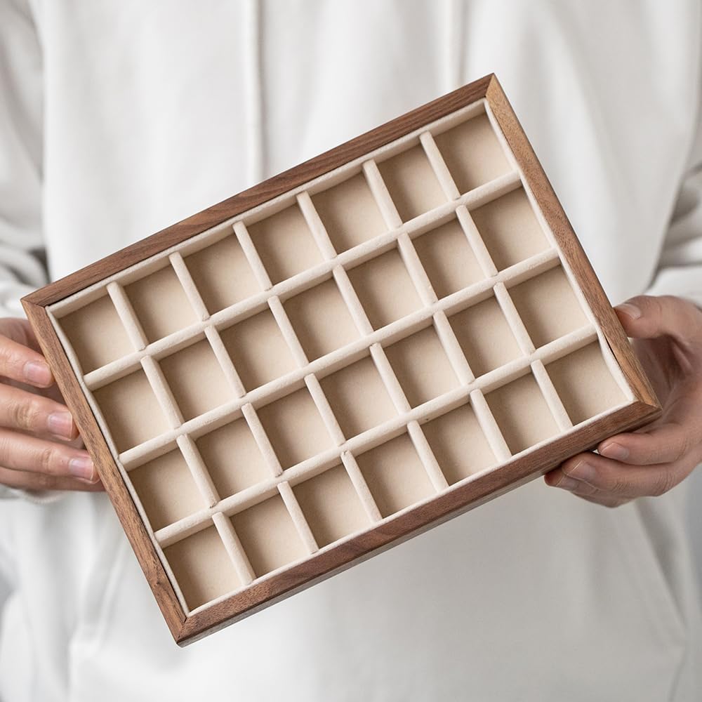 28-Grid Black Walnut Wooden Jewelry Tray with Velvet Lining, Premium Jewelry Display Tray for Earrings and Rings, Drawer Organizer Display Tray for Women's Jewelry Collection