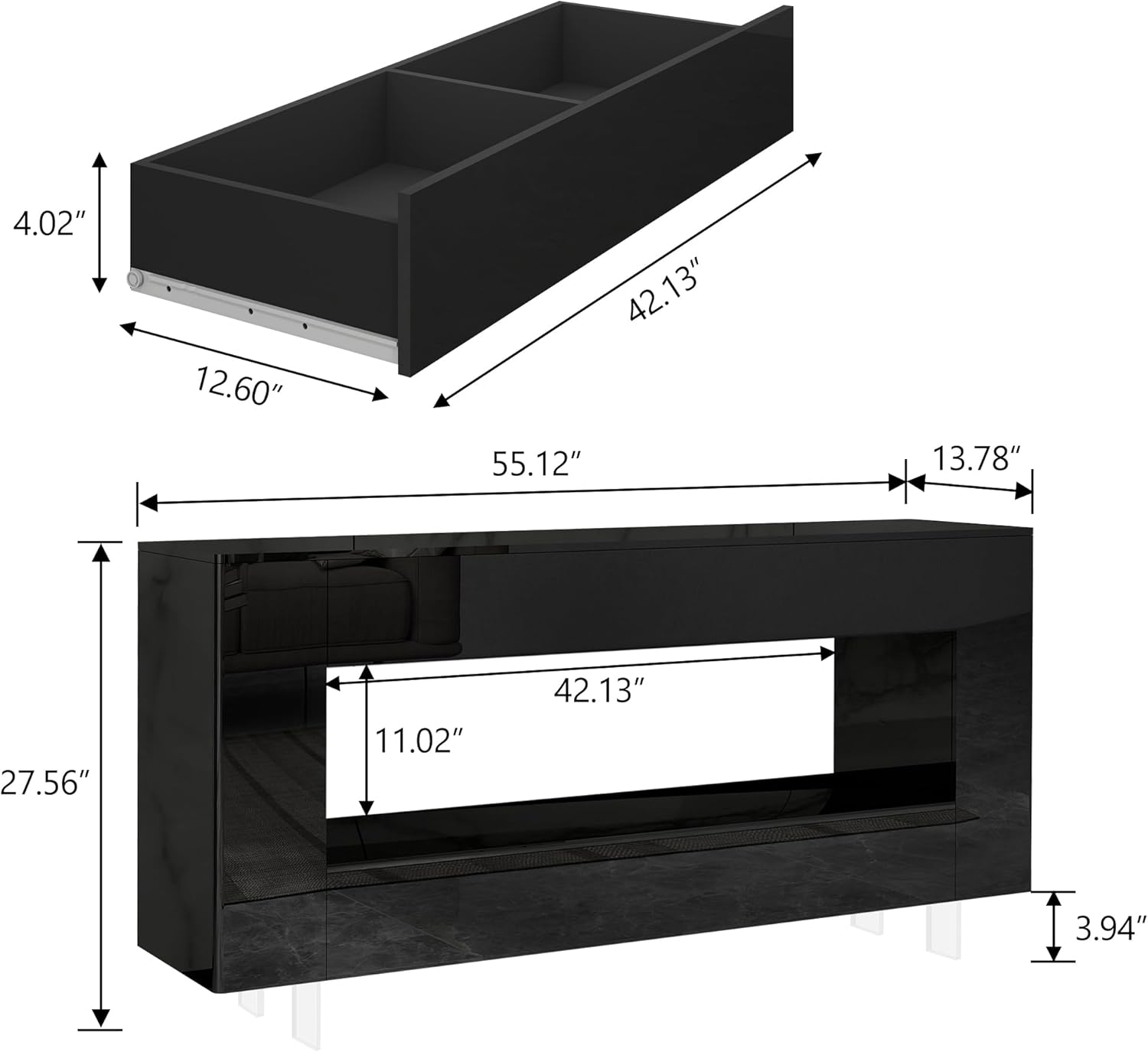 TV Stand TV Cabinet Up to 65 inch with Conceals Storage, High Gloss, Black | TV cabinet with 2 Push-Open doors and 2 drawers, entertainment center, storage cabinet, modern style, living room, office