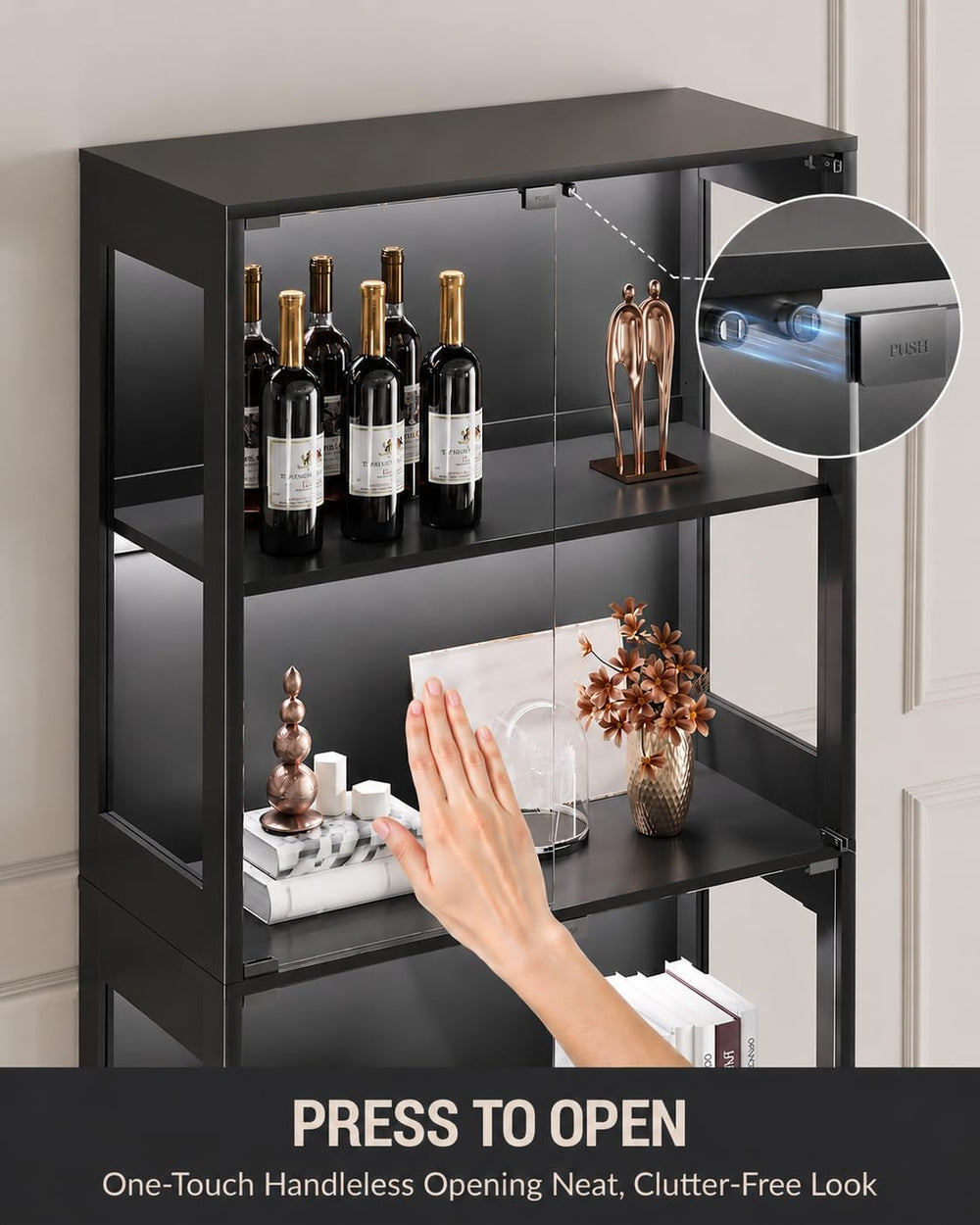 Glass Display Cabinet with Doors, 4-Tier Display Case with Adjustable Shelves...
