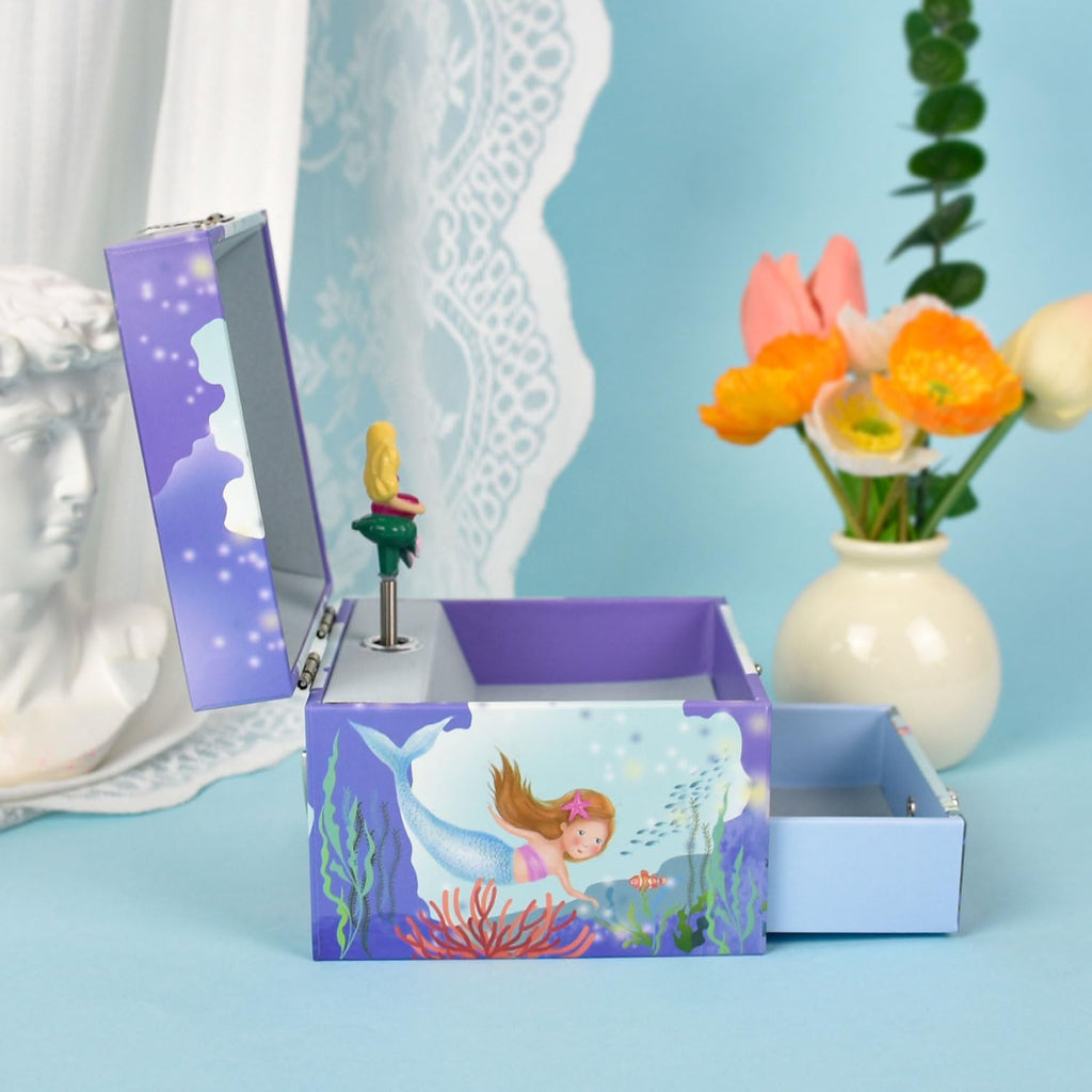 Mermaid Music Box for Girls - Little Mermaid Jewelry Box with Rotating Figurine, Storage Drawer, & Beautiful Dreamer Melody | Ocean Theme Design, 4.13x4.13x3.35 Inches | Musical Jewelry Box