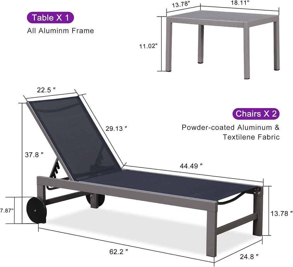 PURPLE LEAF Patio Lounge Chair Set for 2, All Weather Aluminum, Navy Blue | P...