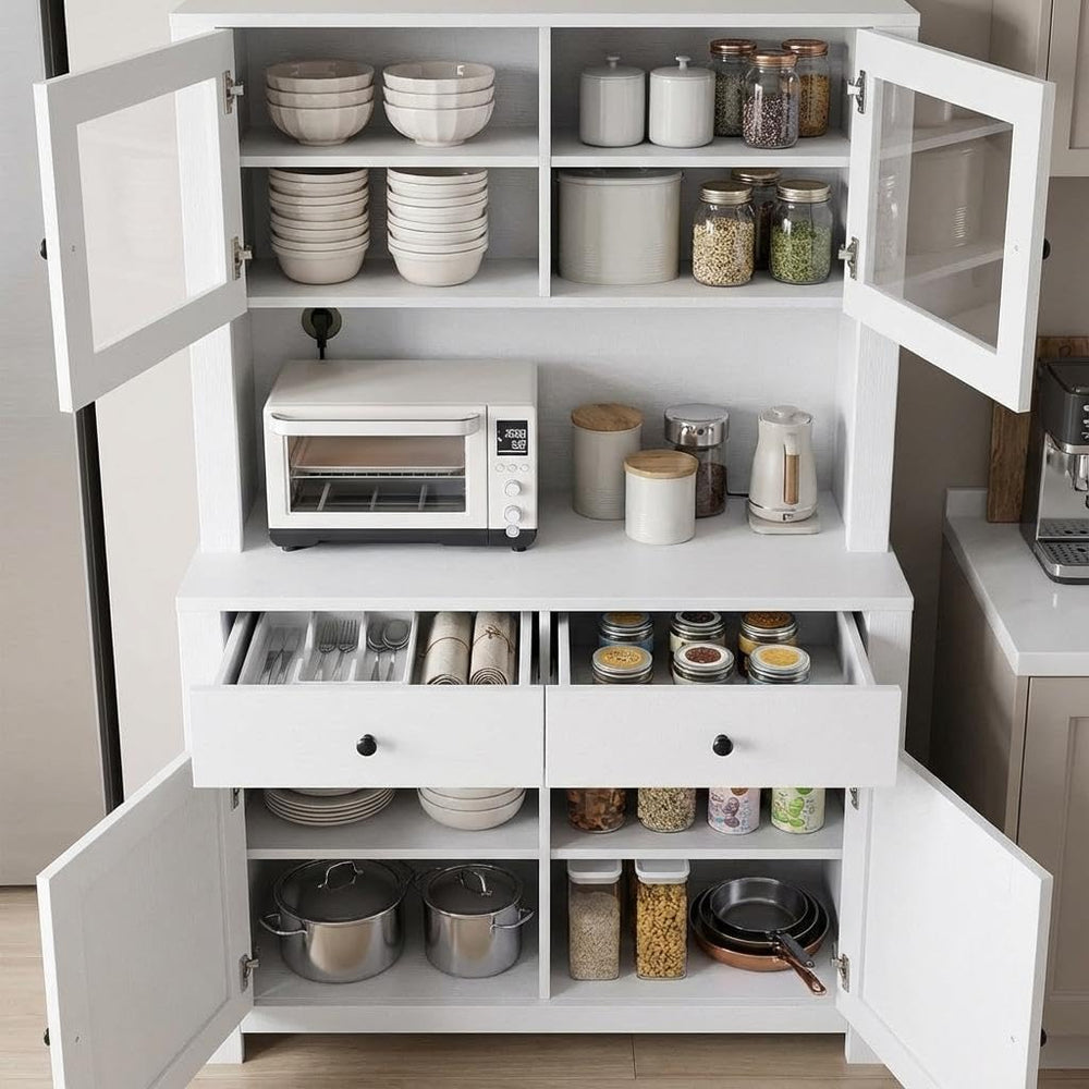 Freestanding Kitchen Pantry Cabinet with Microwave Countertop, Tall Storage H...