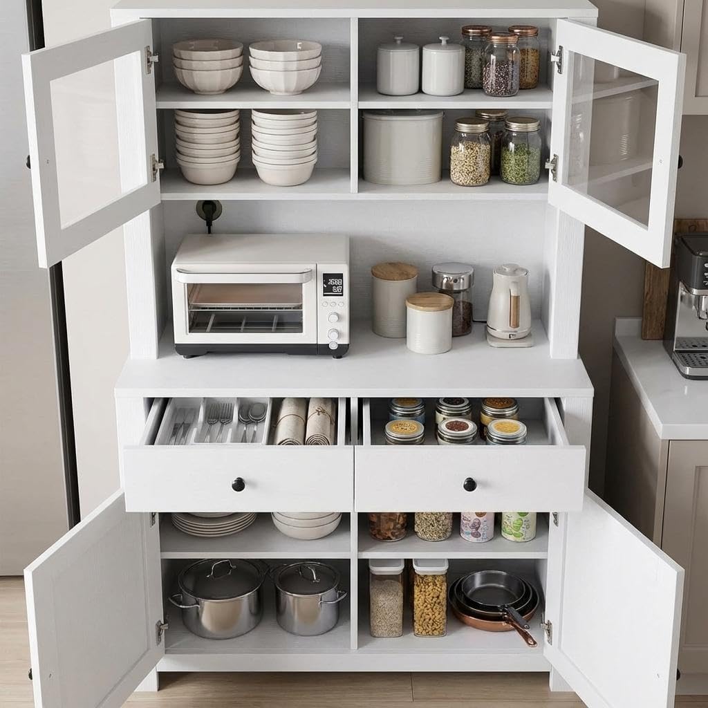 Freestanding Kitchen Pantry Cabinet with Microwave Countertop, Tall Storage Hutch Buffet Cupboard with Adjustable Shelves & Tempered Glass Door, Multifunctional Storage Cabinet for Kitchen Dining Room
