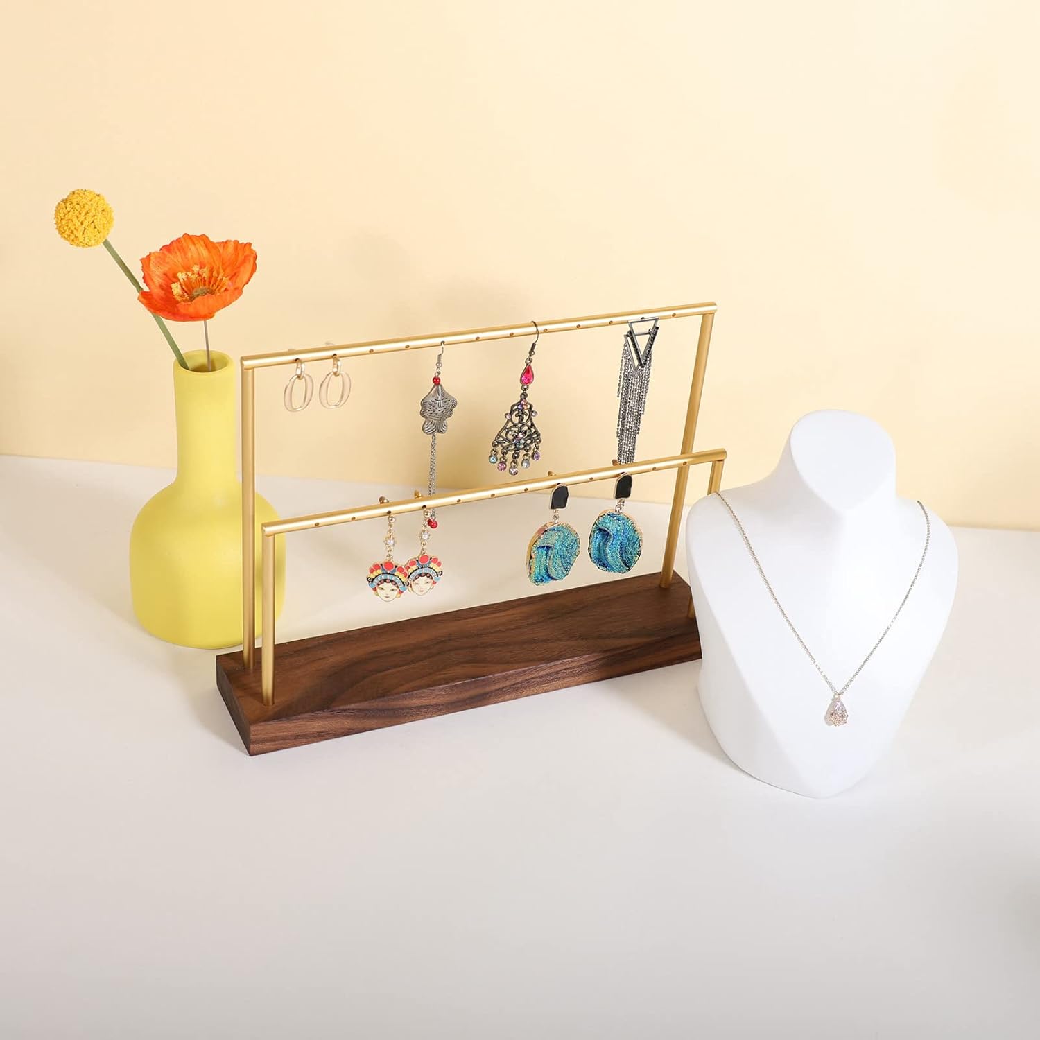 GemeShou wooden earring holder organizer for girls, walnut stud earring display stand for boutique store, jewelry storage organizer shelf【Walnut stand-Two Tiers】