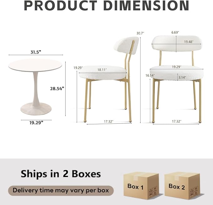 3-Pieces 31.5" Round Dining Table Set for 2, White Dining Table & Boucle Upholstered Dining Chairs Set of 2 for Kitchen Dining Room Apartment Small Space(White-Gold Leg Chair)