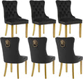 Velvet Dining Chairs Set of 6, Modern Tufted Dining Room Chair, Upholstered Dining Chairs with Lion Head Pulls Ring and Golden Solid Wood Legs, Luxury Kitchen Chairs for Dining Room, Black