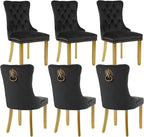 Velvet Dining Chairs Set of 6, Modern Tufted Dining Room Chair, Upholstered Dining Chairs with Lion Head Pulls Ring and Golden Solid Wood Legs, Luxury Kitchen Chairs for Dining Room, Black