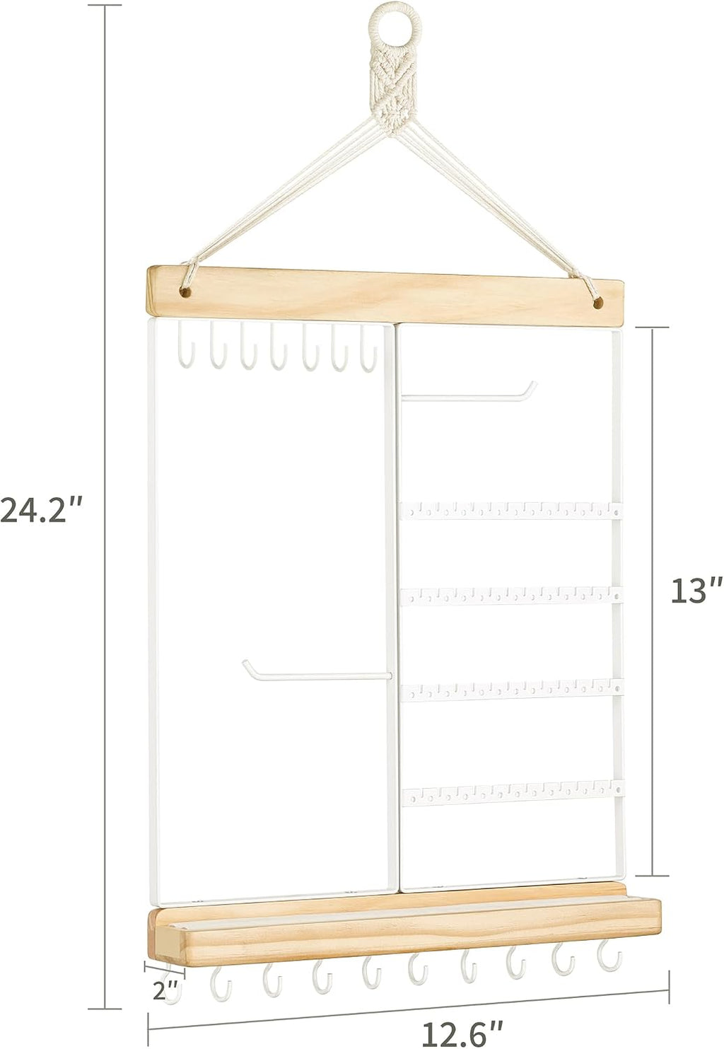 Mkono Hanging Jewelry Organizer Wall Mounted Earring Holder Metal Necklace Holder Wood Shelf with 55 Holes and 7 Hooks Display Rack For Storage Bracelet Rings Ear Studs Accessories Women Bedroom Decor