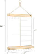 Mkono Hanging Jewelry Organizer Wall Mounted Earring Holder Metal Necklace Holder Wood Shelf with 55 Holes and 7 Hooks Display Rack For Storage Bracelet Rings Ear Studs Accessories Women Bedroom Decor