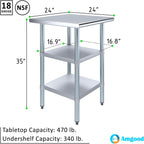 AmGood Stainless Steel Work Table with 2 Shelves | NSF | Metal Utility Table (24" Long x 24" Deep)