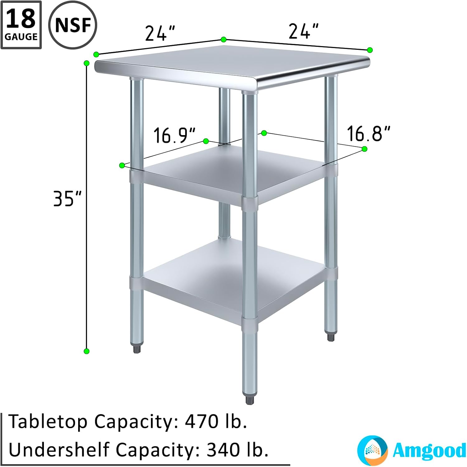 AmGood Stainless Steel Work Table with 2 Shelves | NSF | Metal Utility Table (24" Long x 24" Deep)