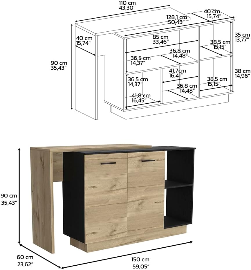 Kitchen Island with Double Doors and Three Shelves in Black | Includes two ex...