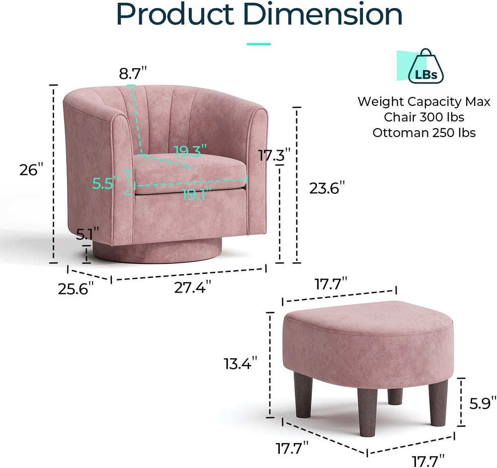 LINSY Swivel Accent Chair Ottoman Set: Velvet Small Barrel Chair with Foot Re...