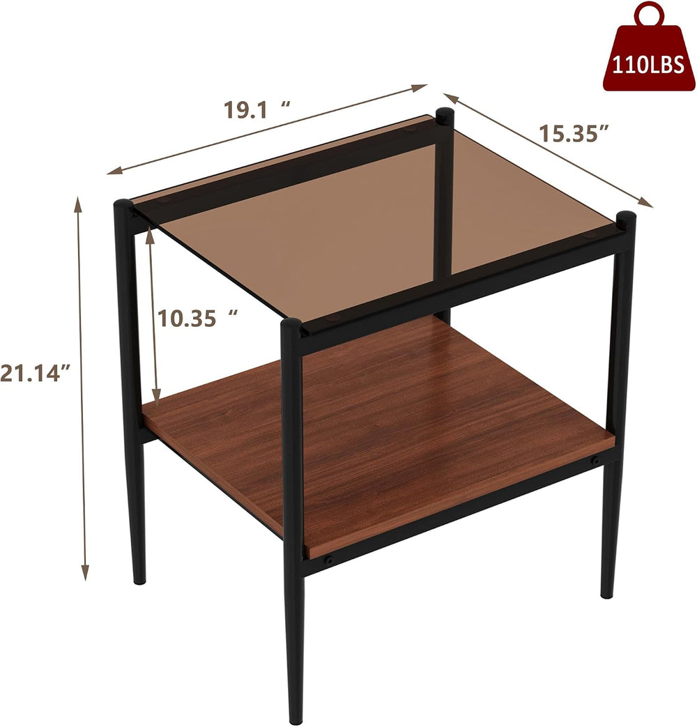Glass End Table Set of 2, Rectangle Living Room Sofa Side Table, with BrownTe...