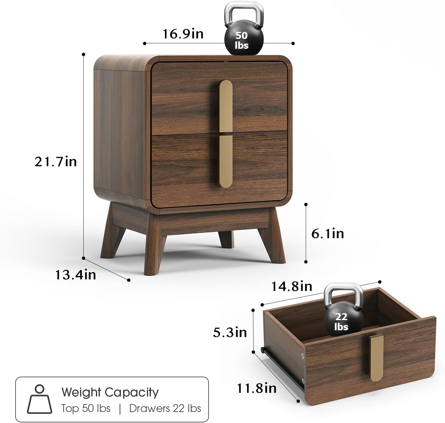 Nightstands Set of 2, Mid Century Modern Nightstand with Drawers, Bedside Tables with Solid Wood Legs, End Side Tables for Bedroom, Small Space,Walnut
