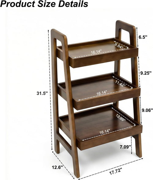 100% Solid Wood Ladder Shelf, 3 Tier Small Ladder Bookshelf, Freestanding Display Ladder Shelves with Open Storage for Living Room, Bedroom, Home Office, Saving Space, Walnut