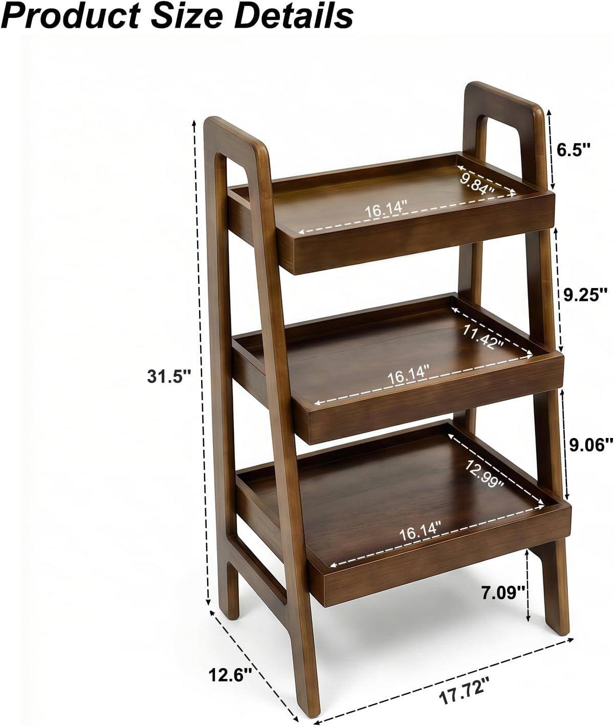 Solid Wood 3-Tier Ladder Shelf, Walnut, Freestanding Open Bookshelf and Side Table for Living Room, Bedroom, Study