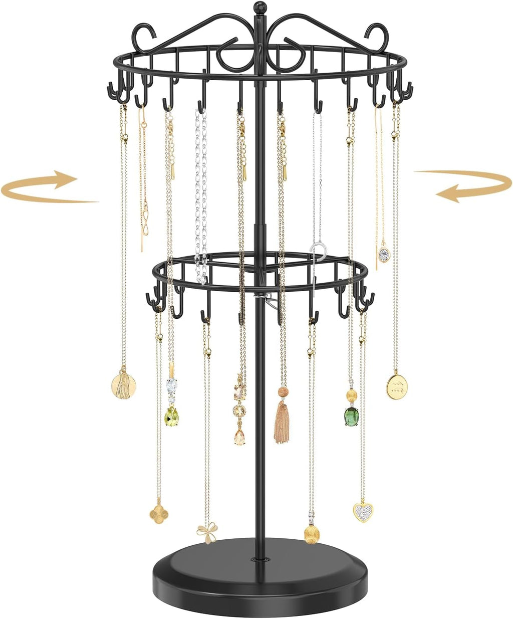 MODOWEY Rotating Necklace Holder Organizer Display Stand with 42 Hooks, 2 Tier Adjustable Metal Tree for Long Necklace Hanger Selling, Tall Spinning Bracelet Storage Rack for Men Women, Black