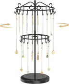 MODOWEY Rotating Necklace Holder Organizer Display Stand with 42 Hooks, 2 Tier Adjustable Metal Tree for Long Necklace Hanger Selling, Tall Spinning Bracelet Storage Rack for Men Women, Black