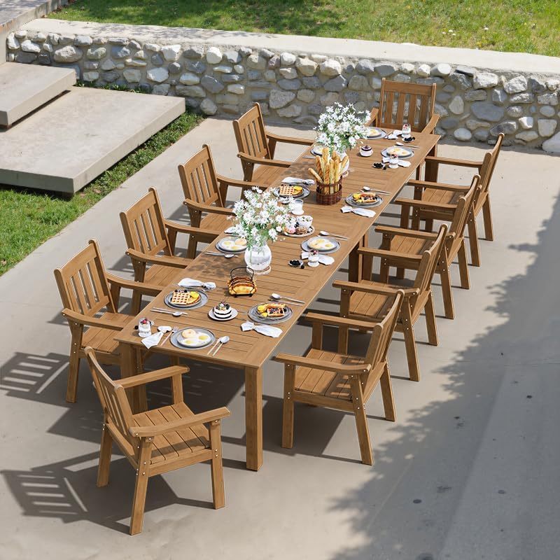 YEFU Outdoor Dining Set for 10, All-Weather HIPS, Aluminum Frame, Teak