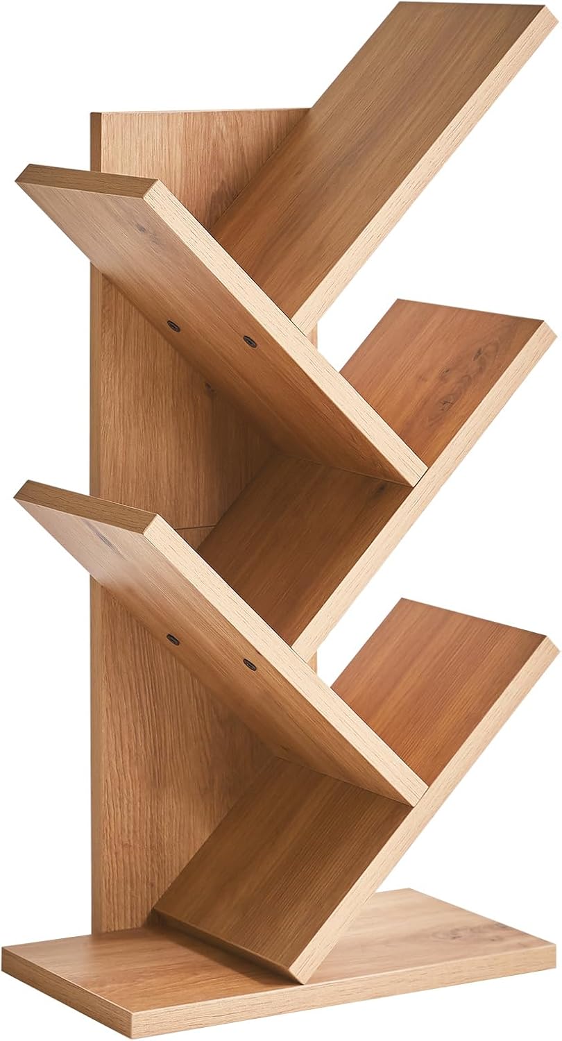 YMYNY 4 Tier Tree Bookshelf, Small Bookcase, Modern Wood Book Storage Rack, Freestanding Book Shelf for Books/Movies/CDs, Narrow Display Rack for Living Room, Home Office, Light Oak UHBC014K