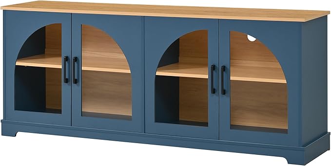 3-Piece Farmhouse TV Stand Set with Bookshelf for TVs Up to 70", Two-Tone Wood Grain Entertainment Center with Arched Design, Retro Sideboard with Tempered Glass Doors for Living Room (Blue+Natural)