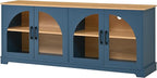 3-Piece Farmhouse TV Stand Set with Bookshelf for TVs Up to 70", Two-Tone Wood Grain Entertainment Center with Arched Design, Retro Sideboard with Tempered Glass Doors for Living Room (Blue+Natural)
