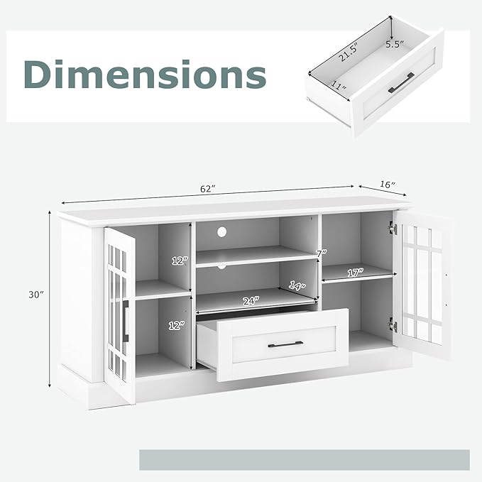 GOFLAME Farmhouse TV Stand for TVs up to 70", Entertainment Media Center Storage Cabinet with Glass Doors, Open Shelves & Drawer, Wooden Television Console Table for Living Room (White)
