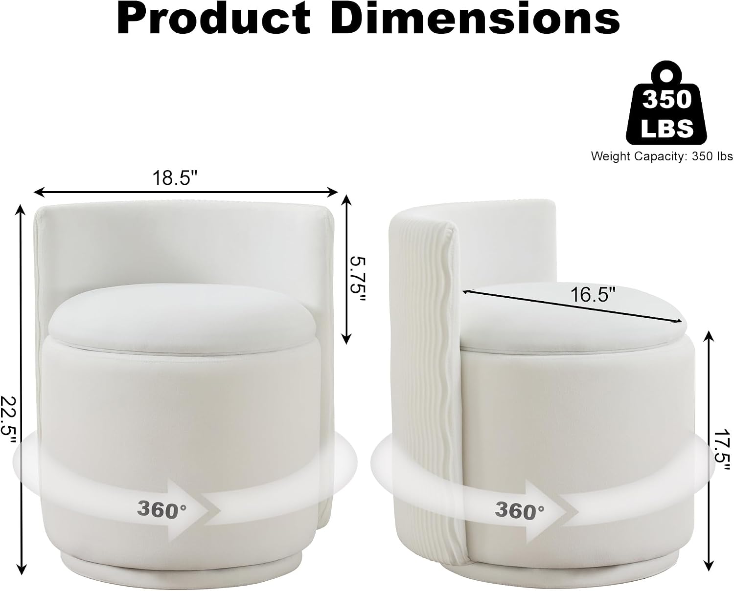360° Swivel Velvet Vanity Chair with Storage, Barrel Makeup Chair with Wave Back, No Assembly Vanity Stool Small Accent Chairs for Living Room, White