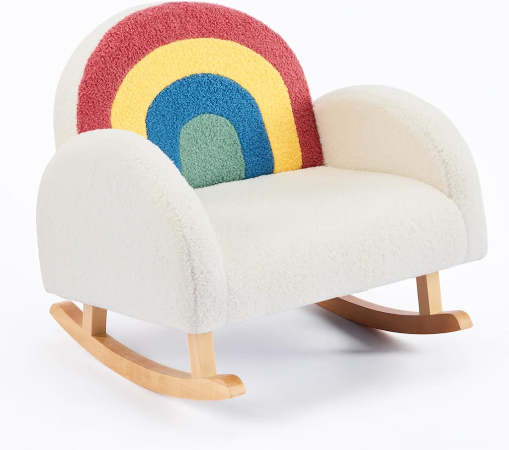 JOYMOR Kids Chair, Teddy Fleece Toddler Rocking Chair with Solid Wood Legs, Anti-Tip Design, Kids Sofa for Nursery, Playroom, Rainbow