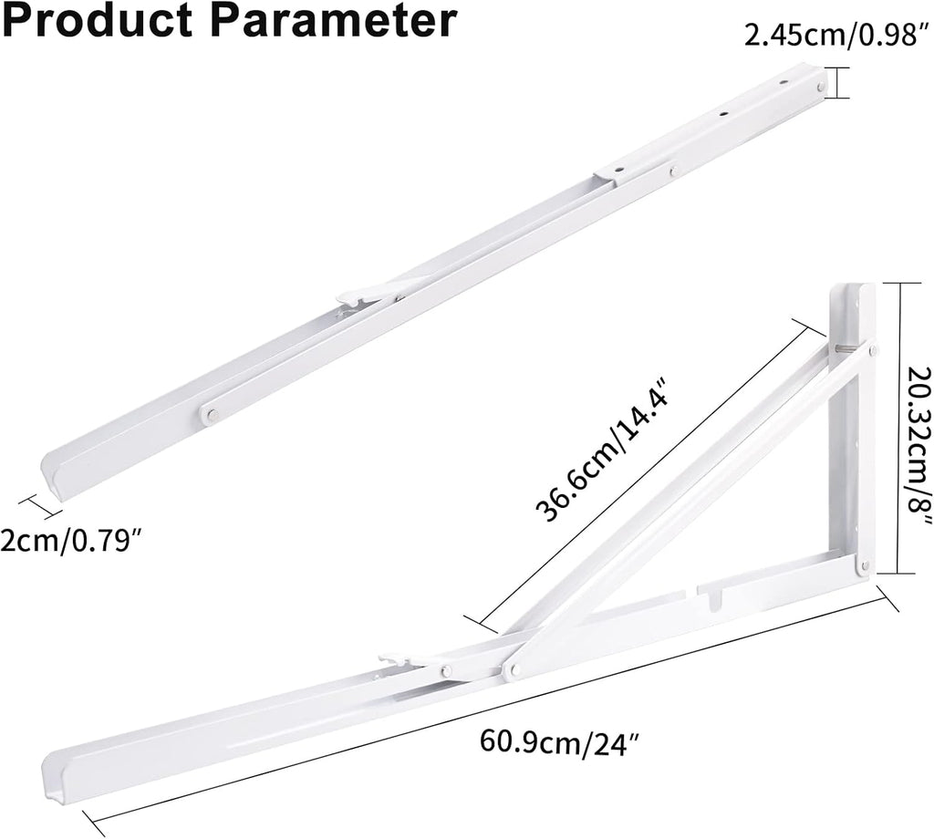 YUMORE 24 Inch Folding Shelf Brackets, Heavy Duty L Bracket, White DIY Collapsible Shelf Bracket for Workbench Folding Table Hinge, Max Load: 330lb, 2 Pack
