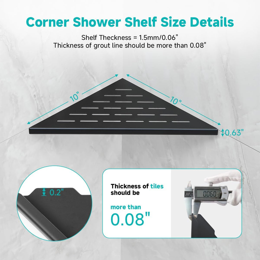 10 Inch No Drilling Corner Shower Shelf Matte Black– 2-Pack Wall Mounted Bathroom Shelves for Inside Shower, Triangular Recessed Shower Caddy, Stainless Steel Shower Organizer for Tiled Walls