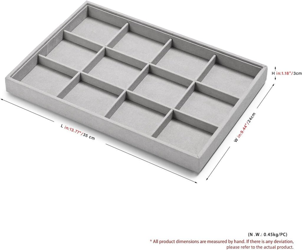 12 Grids Microfiber Jewelry Trays Bracelets Tray Stackable Jewelry Organizer Trays for Drawer Bracelet Holder Earring Tray For Bracelet Bangle Earrings Watches Storage (Grey)