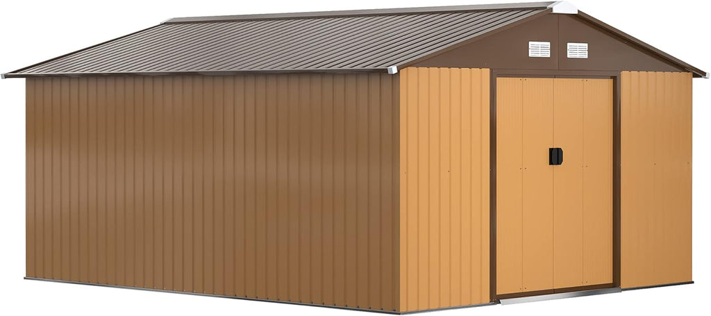 Outsunny 11' x 13' Outdoor Storage Shed, Garden Tool Metal Shed with Foundation Kit, Double Lockable Door, Air Vents and Sloping Roof, for Backyard, Patio, Lawn, Yellow