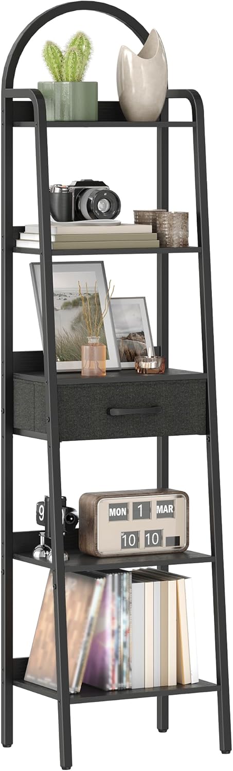 CHOEZON 5 Tier Ladder Shelf with Drawer, Tall Ladder Bookshelf, Standing Book...