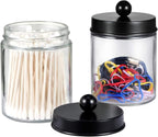 Amolliar Apothecary Jars Bathroom Storage Organizer - Cute Qtip Dispenser Holder Vanity Canister Jar Glass with Lid for Cotton Swabs,Rounds,Bath Salts,Makeup Sponges,Hair Accessories/Black（2 Pack）