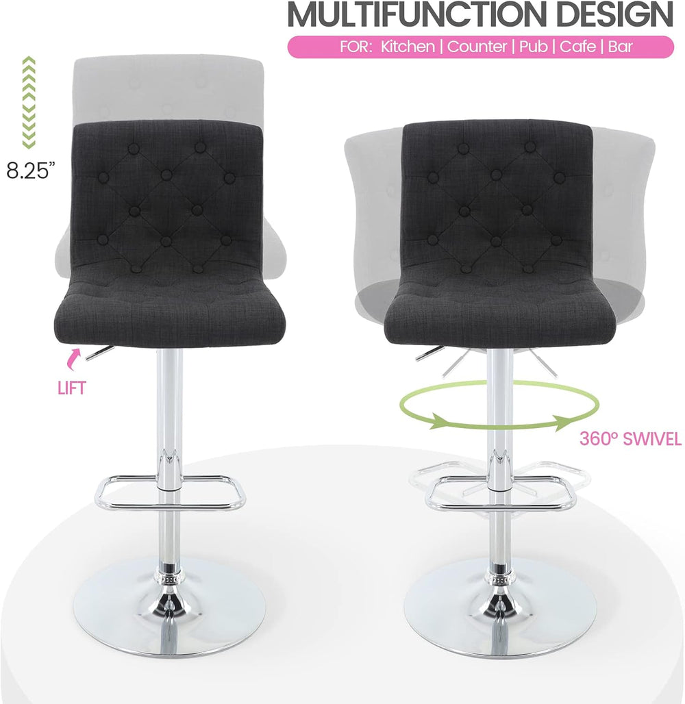 Brage Living Tufted Fabric Bar Stools Set of 2 with Back, Charcoal Black | Se...