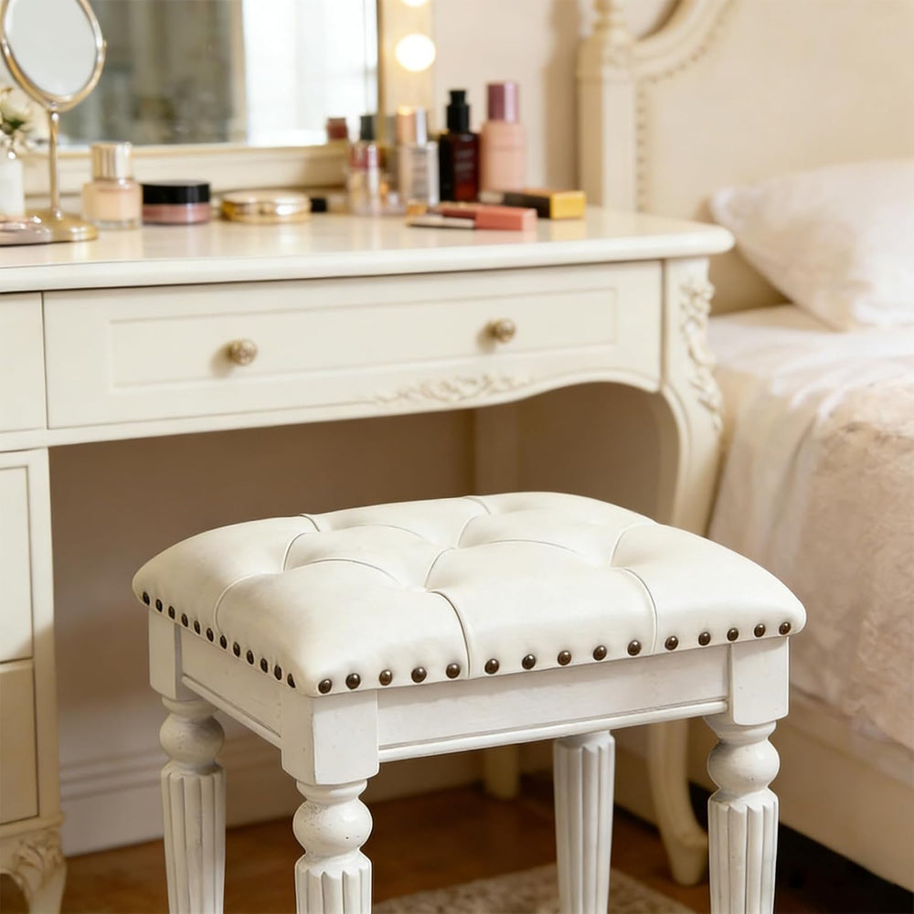 Vanity Bench Seating, Victorian Backless Vanity Stool, White Faux Leather | B...
