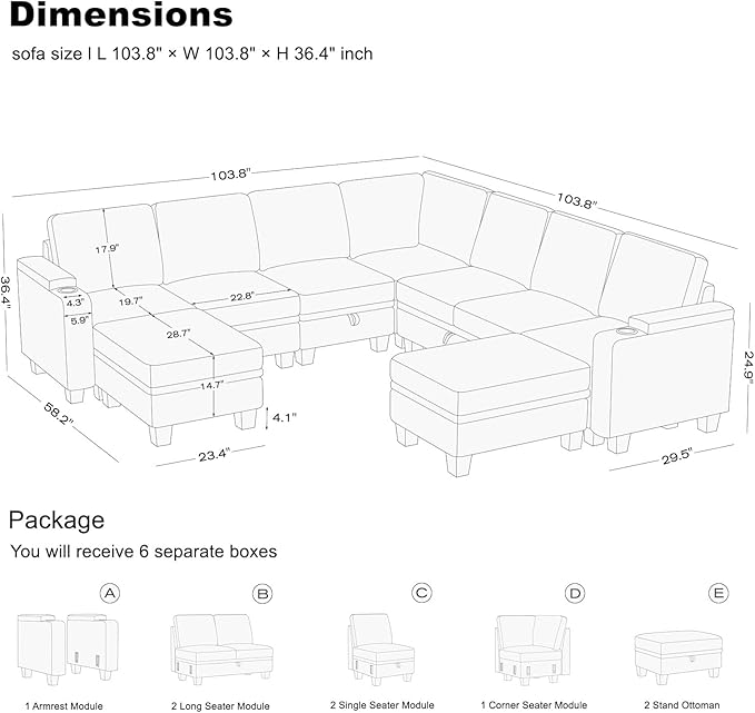 Belffin Modular Sectional Sofa Couch with Storage U Shape Convertible Corner Couches for Living Room Dark Grey Couch