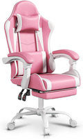 Auto Dynasty Ergonomic Gaming Chair, High-Back Office Chair w/Adjustable Lumbar Support, Linkage Armrest, Headrest & Footrest, 350LBS Recliner Swivel Computer Game Racing Chair, Pink/White