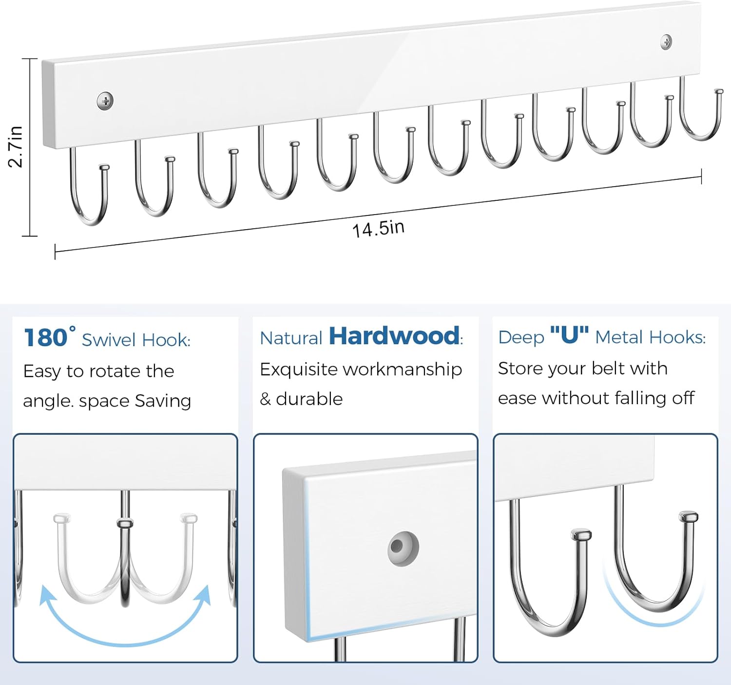 Belt Hanger Wall Mounted, Wooden Belt Organizer Max 12 Storage Capacity, 180° Rotating Space Saving Hangers for Ties, Tank Tops, Scarves, Bras, Keys, Bags White 1 Pack