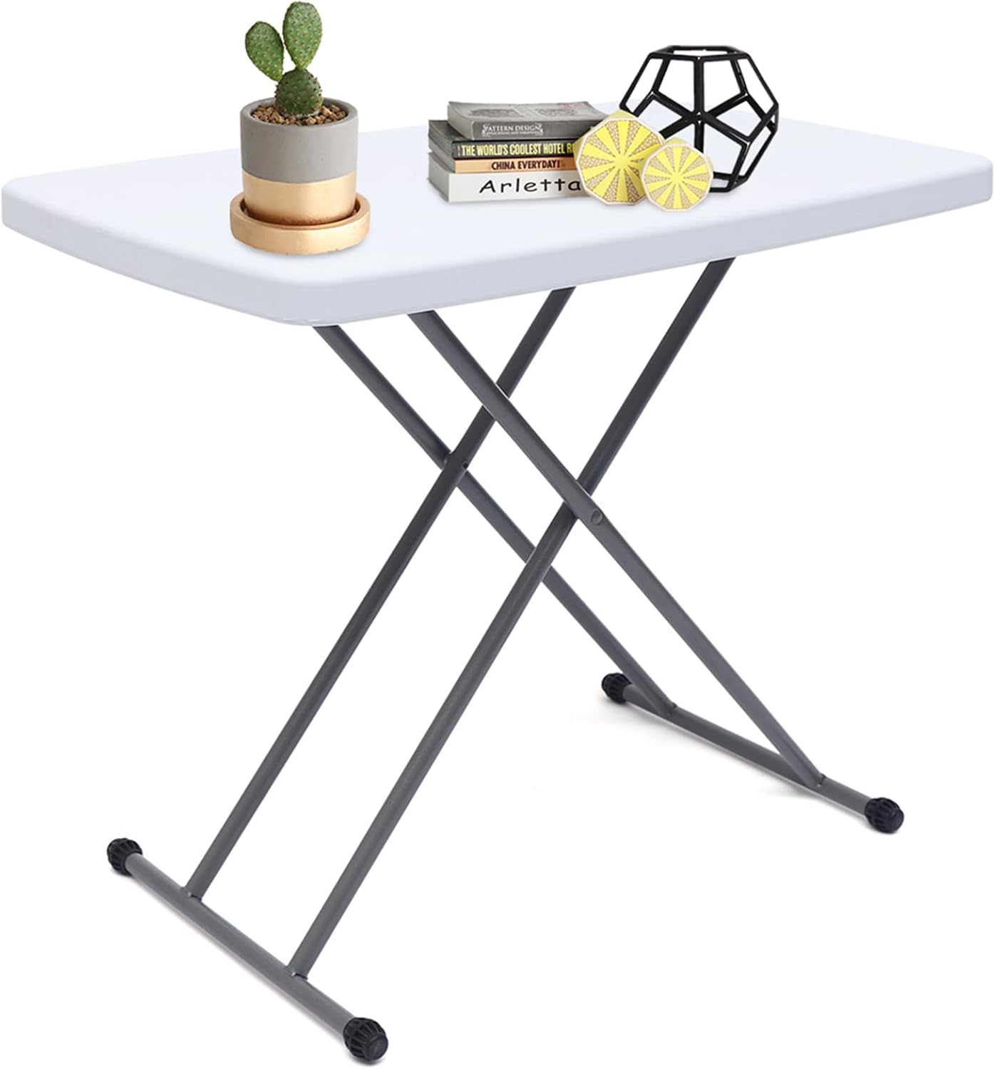 Adjustable Folding Table – 30" x 20" Foldable Desk with 5 Height Settings (18", 25", 29"), Lightweight Small Table for Camping, Outdoor, Indoor, Bedside Use, Portable White Granite Table